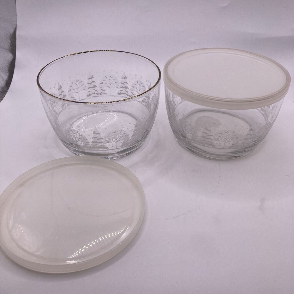 Vintage Libbey Frosty Pines Set of 2 Dessert Berry Bowls Gold Rims With Lids